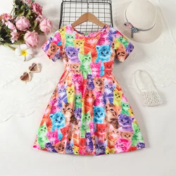Cute and fashionable multi colored cat printed round neck short sleeved waist casual dress for girls