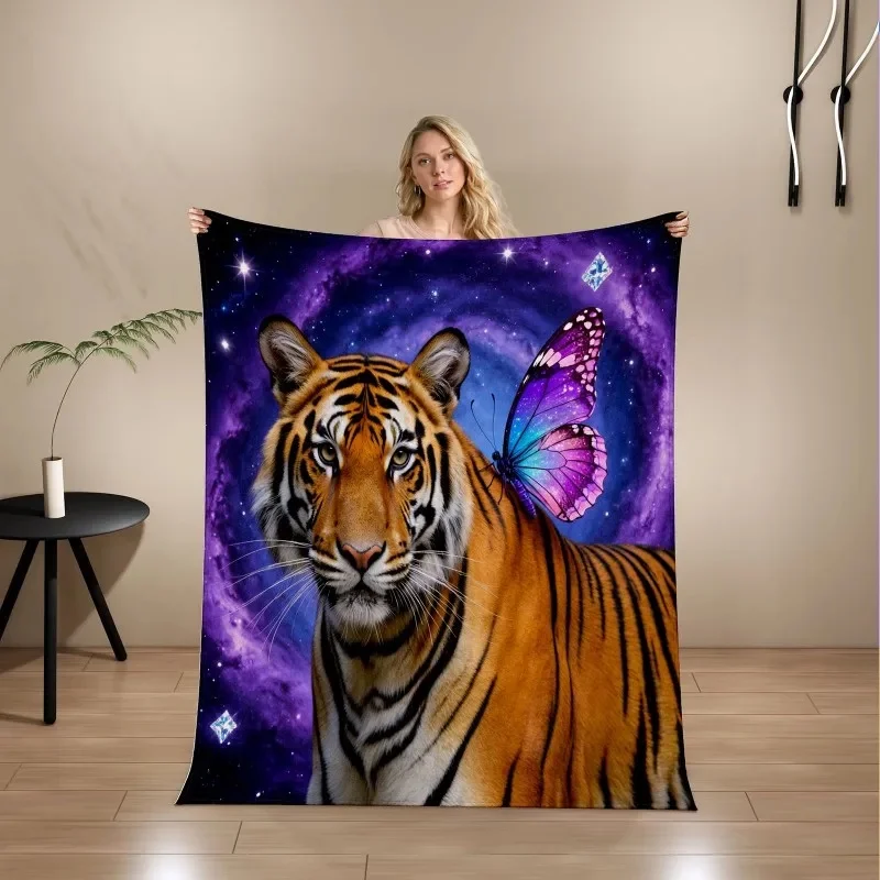 Soft Plush Flannel Throw, Tiger & Butterfly Galaxy Design Warm Blanket, Versatile Cover for Bedroom, Sofa & Office Naps
