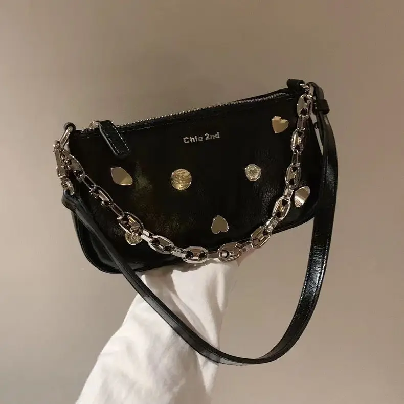 JIAERDI Vintage Heart Black Messenger Bag Women 2023 Summer Chain Y2k Underarm Bag Female Harajuku Luxury Designer Bag Aesthetic