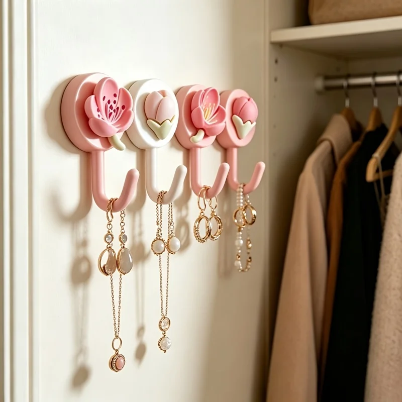 8pcs Pink Floral Sweetheart Hook, Cute Girly Heartless Wall Hook - Mixed Colors - Bedroom Entrance Wall Home Decor Storage Item