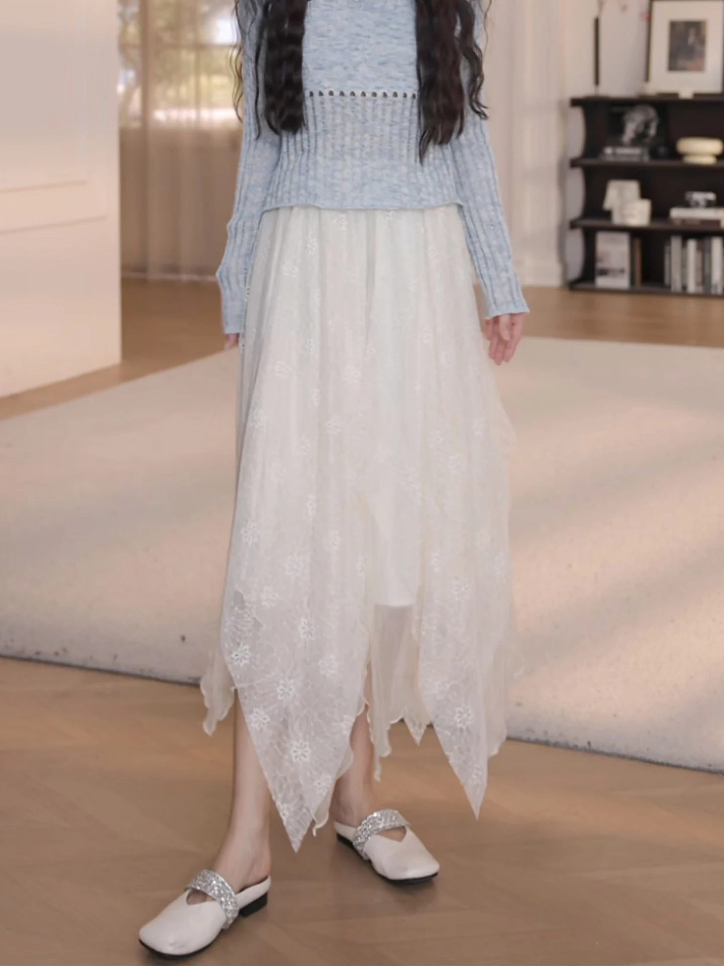 

Юбка миди Yanyan с высокой талией, эластичным поясом, вышивкой, повседневная, из смесового хлопка и шерсти, А-силуэт, для похудения