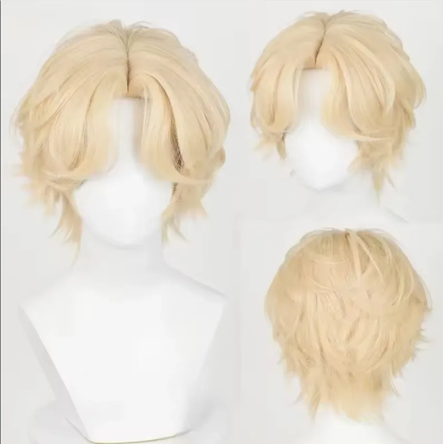 

1 piece of light gold, medium split, messy short curly hair, alien stage anime, Luca playing wig