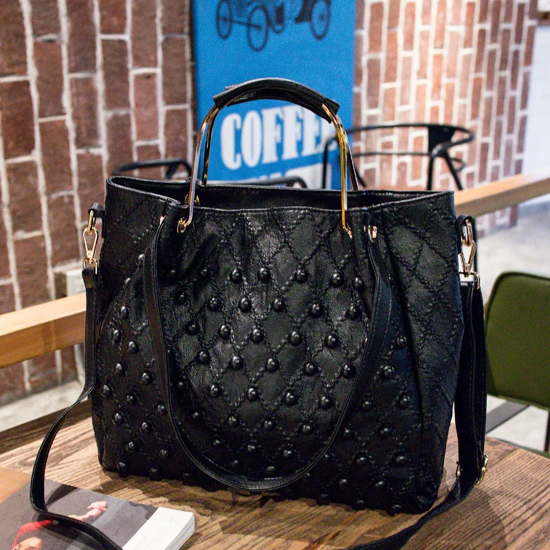 Genuine Leather Women\'s Handbags 2024 New Fashion Brand Female Soft Black Rivet Bag Large Capacity Shoulder Crossbody Tote Bags