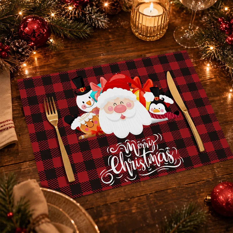 Christmas Linen Placemats, Cartoon Printed Heat Resistant Table Mats, Xmas Party Decorative Tableware Pads for Dining Table
