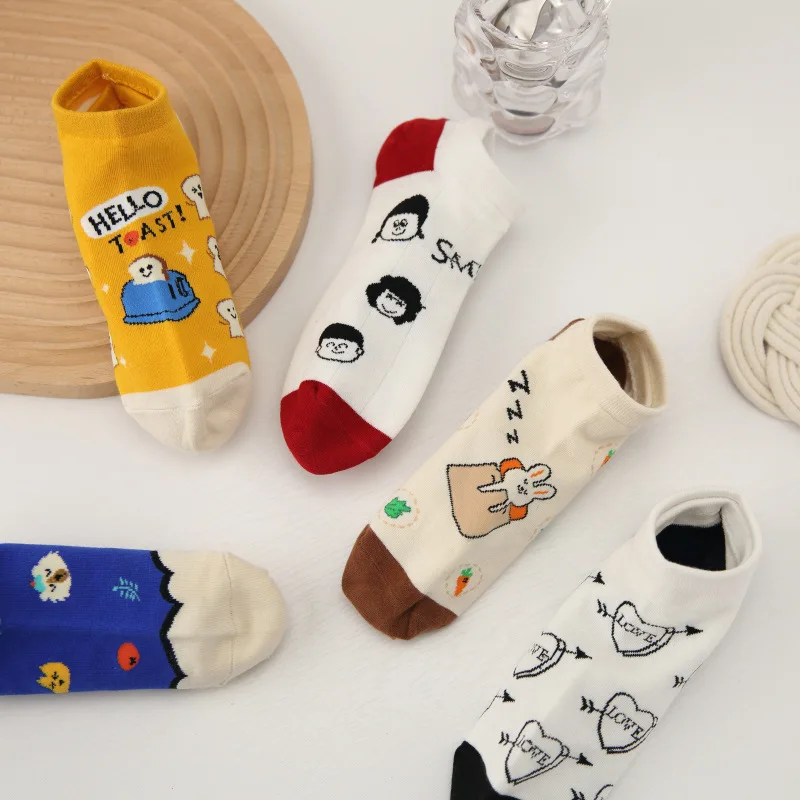 5Pairs/Pack Cartoon Funny Combed Cotton Woman Socks Rabbit Portrait Heart Cute Kawaii Women Boat Socks Sox Slippers Lot