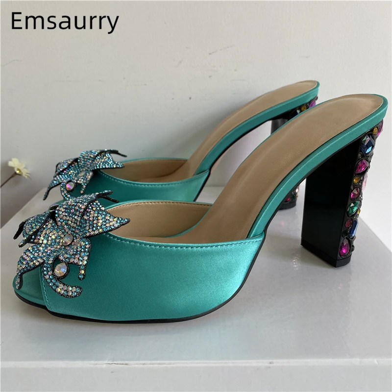 

Colorful Crystal Butterfly-Knot Sandals Women Rhinestone Embellished High Heel Luxury Satin Slingbacks Mules Summer