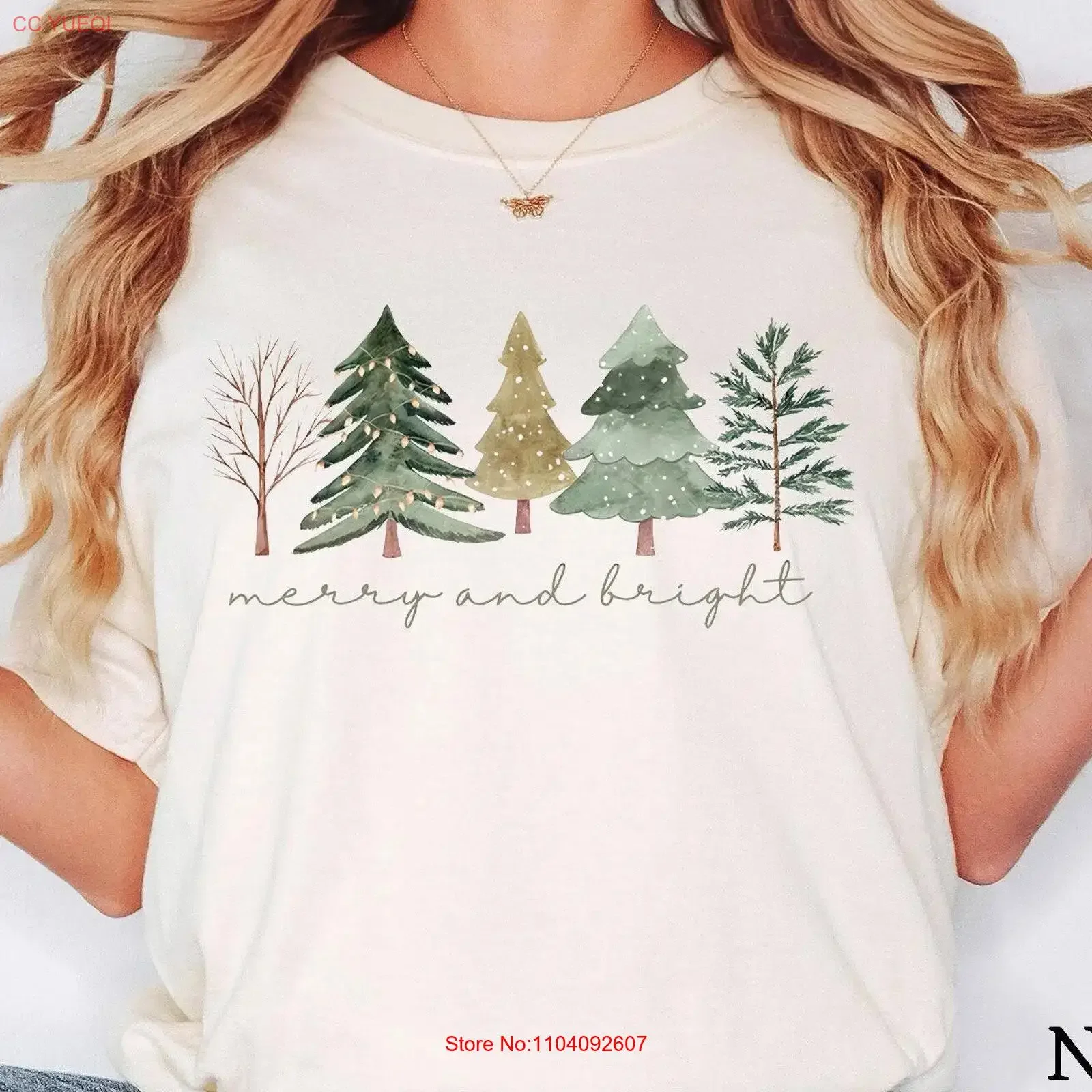 Merry and Bright Trees Women's Christmas T Shirt Womans Holiday Chic Winter Cute Tree vintage Washed Top For Everyday Wear