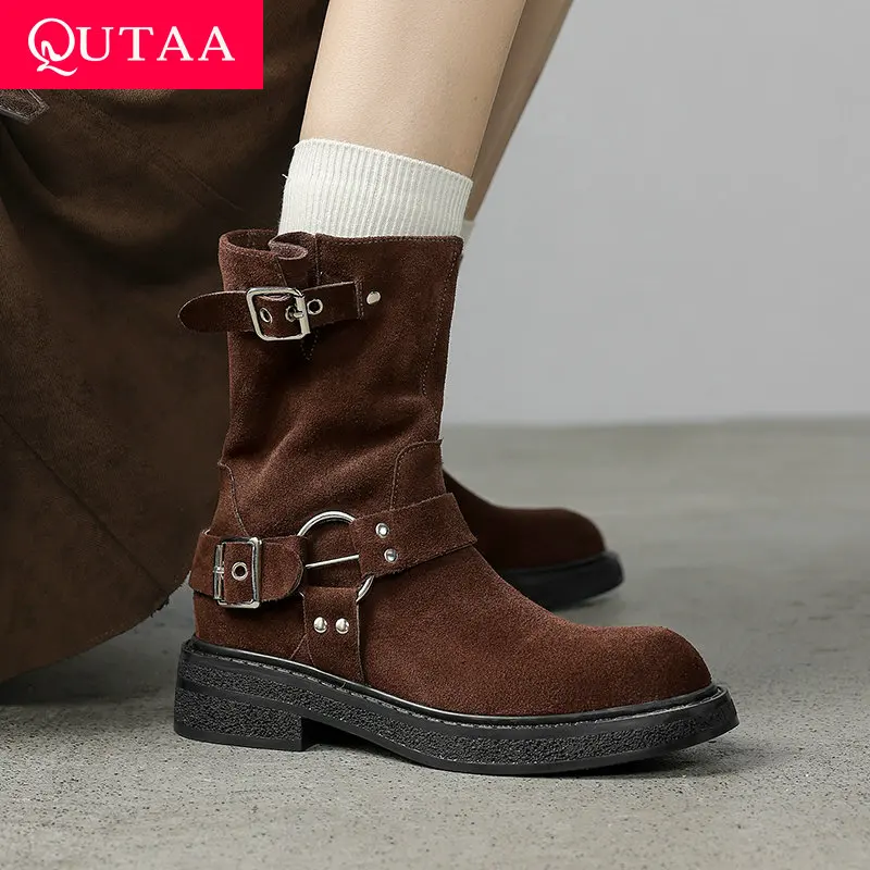 

QUTAA 2025 Fashion Women Mid Calf Boots News High Heels Autumn Cowboy Genuine Leather Round toe Winter Boots Shoes Size 34-39