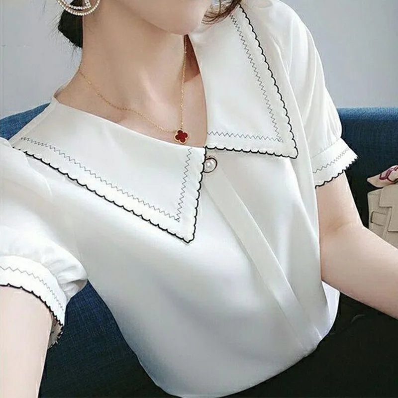 Blusa de verano de manga corta con cuello Peter Pan para mujer, camisa elegante de color liso que combina con todo, estilo coreano, 2022