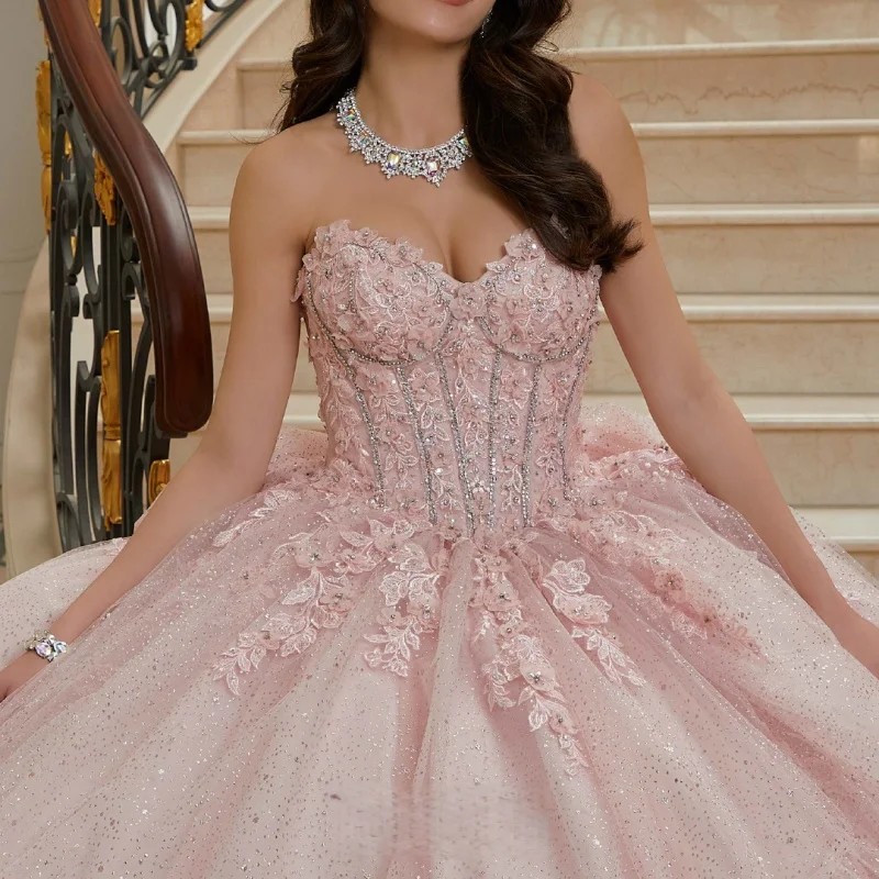 

Shiny light pink Quinceanera Dress off-shoulder Lace layering Glitter flower Decal Big Bow Vestidos De 15 Quinceanera ﻿Customiz