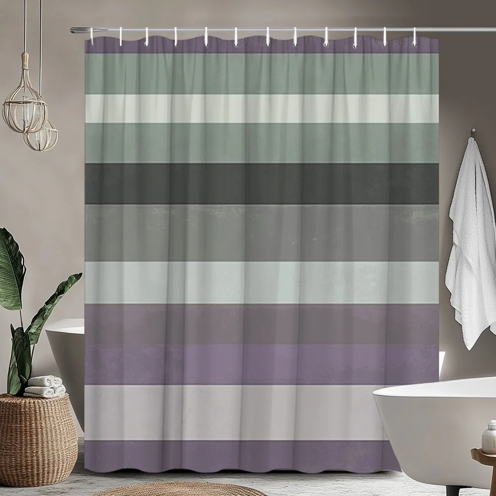 

1 шт., винтажная современная полосатая занавеска для душа - зеленая, фиолетовая, лаванда, горизонтальные линии, прочная полиэфирная ткань