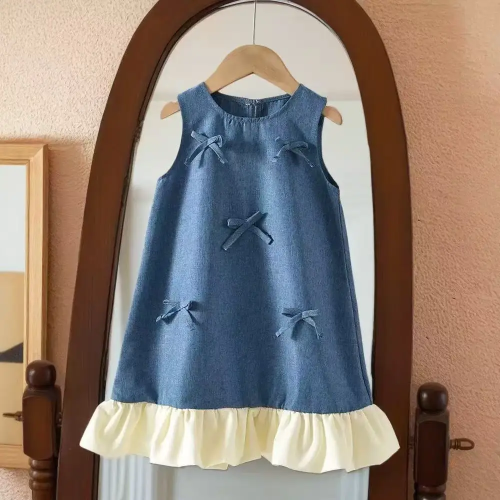

2026 Summer New Casual Girls' Clothes Round Neck Sleeveless Bow Lace Vest Princess Dress for Girls Aged 3-7 Korean Version