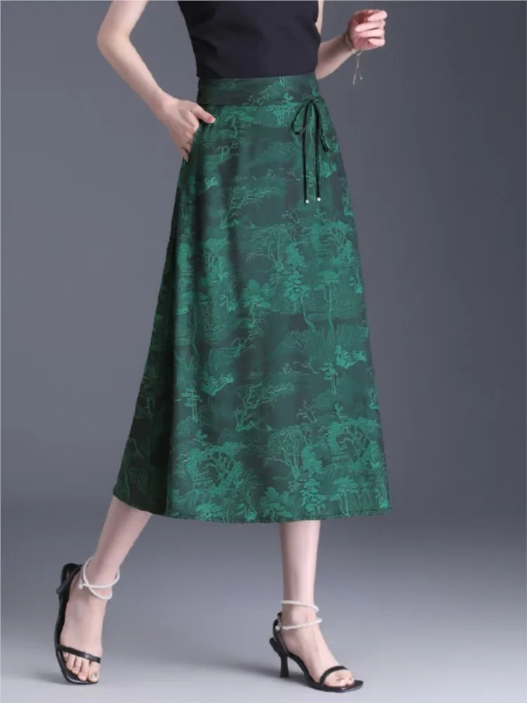 ZUZK Fashion Jacquard A-Line Skirt Summer Thin Style New Elastic High Waist Slimming Mid Length Hanging Umbrella Skirt