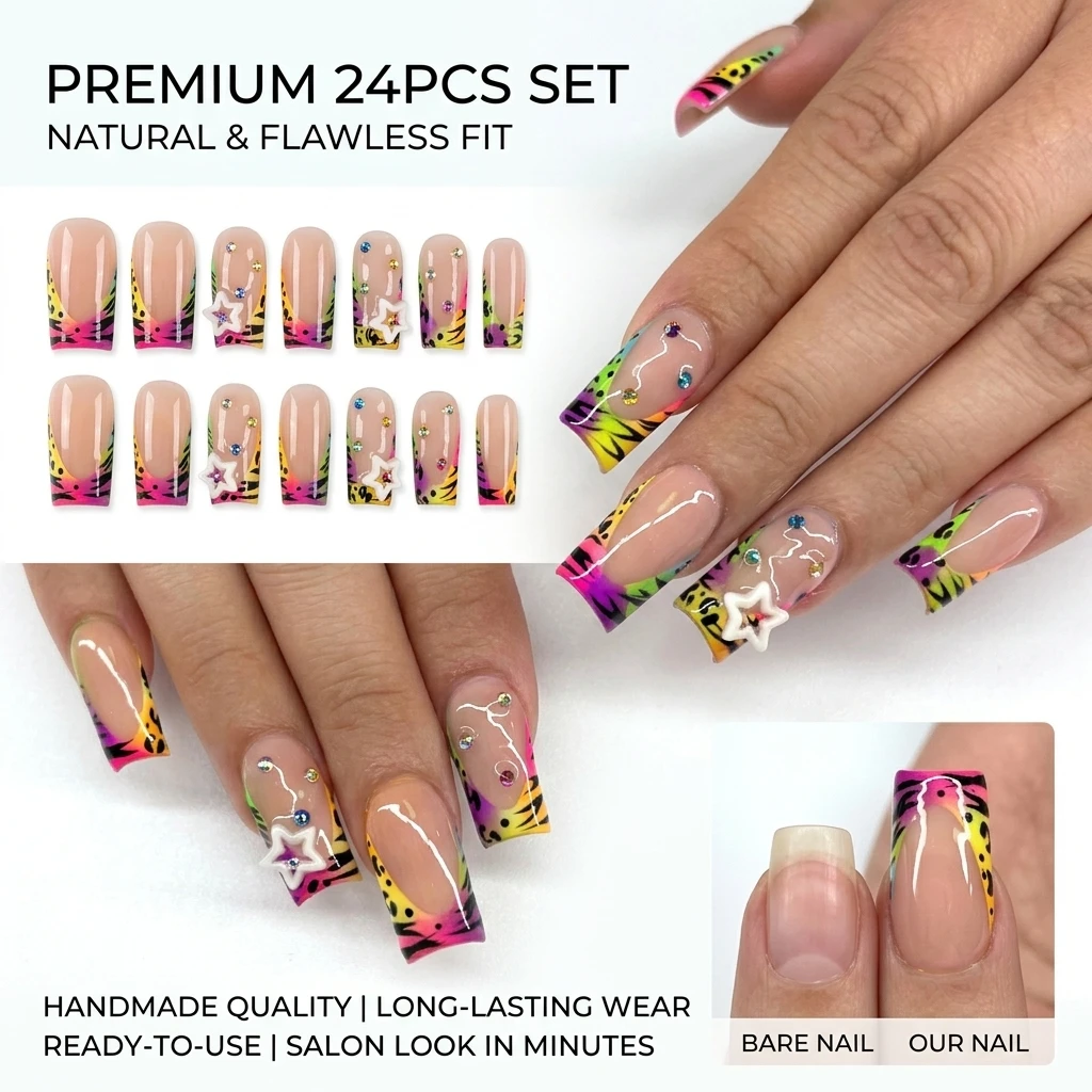 24 Stück Y2k Weiße Sterne Aufklebenägel Bunter Farbverlauf Französischer Stil Zebra-Bedruckte Künstliche Nägel Süße Coole Würzige Mädchen Fake Nails – Detail 5