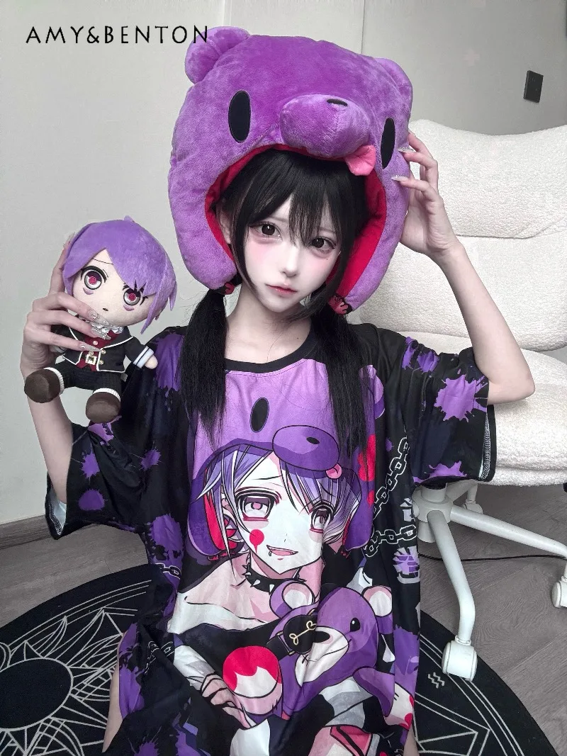 

Subculture Anime Print Round Neck Short Sleeve Oversized T Shirt Japanese Gothic Punk Style Cartoon Tops Japanese Y2K Top Women