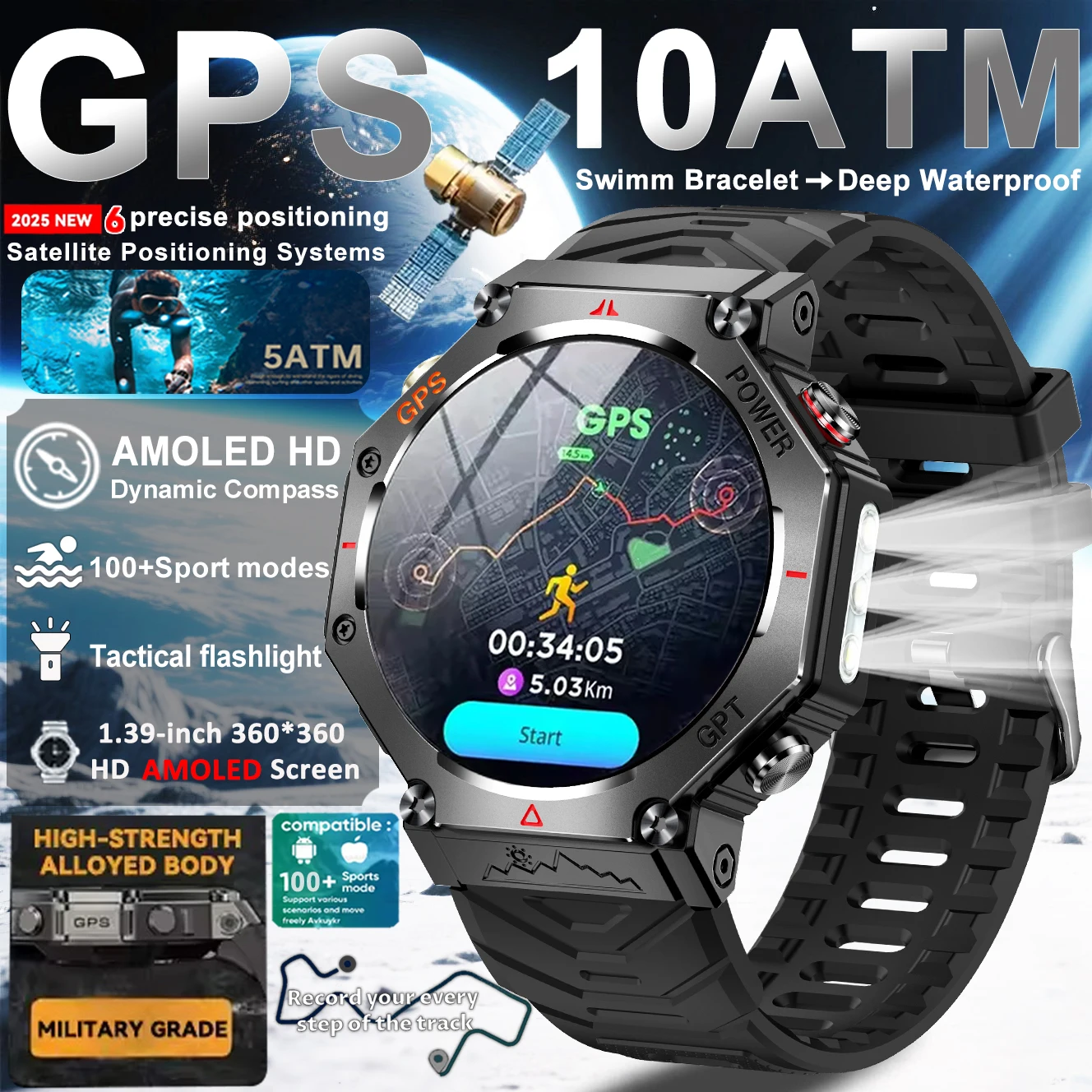 

2025Новые Смарт-часы T-Rex 3Ultra на открытом воздухе с GPS, 10 АТМ, IP68, водонепроницаемый тактический фонарик, компас, спортивные часы высокого класса для мужчин