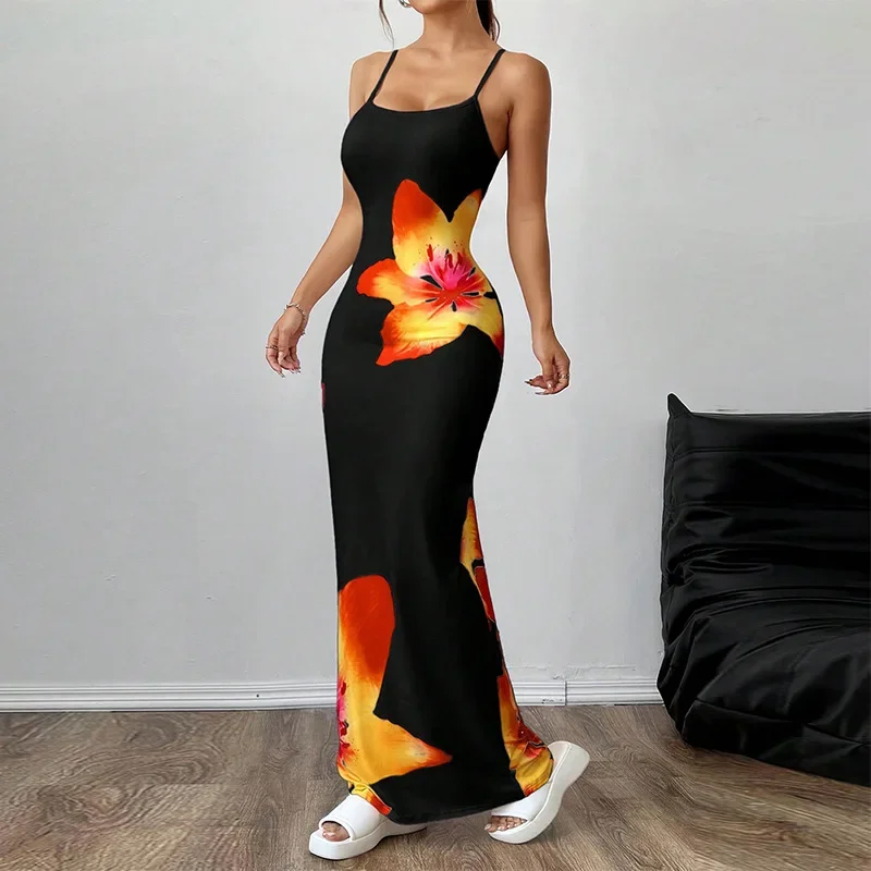 

Summer Fashion Black Print Women Dress High Waist Revealing Backpack Hip Skirt 2025 Sexy Club Party Dress