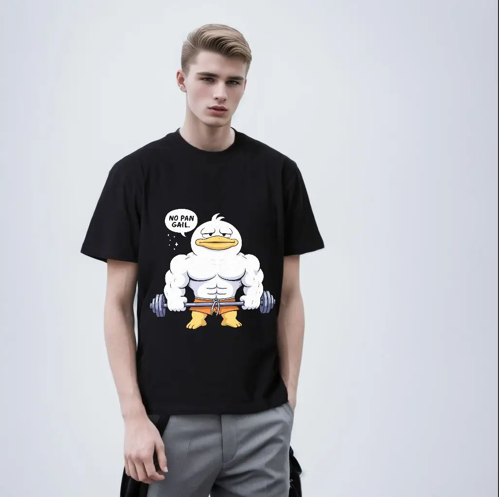 تي شيرت بطة بيضاء عضلية مع أقدام منقار برتقالي في شورت برتقالي يحمل الحديد NO PAN GAIL Speech Bubble Crew Neck - لعوب #5