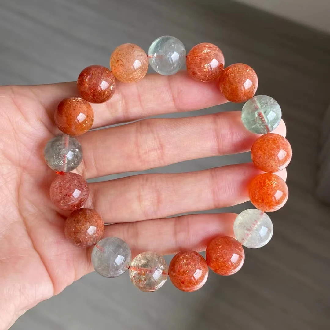 

Natural Orange Sunstone Strawberry Quartz Beryl Bracelet Arusha 12.5mm Clear Round Beads Women Bangle AAAAAA