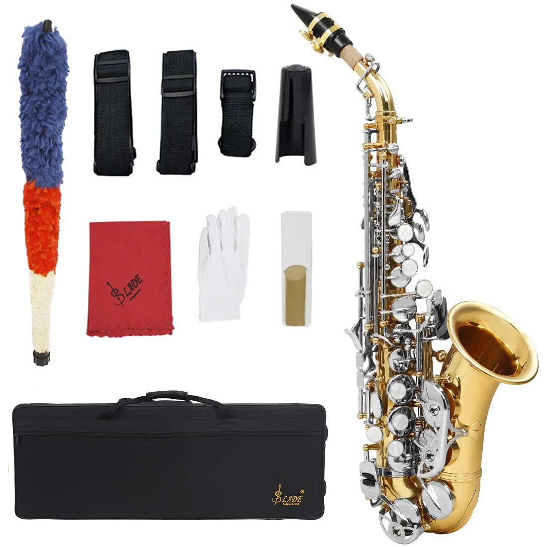 SLADE Soprano Saxophone Eb Small Bend Brass Body White Shell Gold Silver Bond For Professional Woodwinds Instrument  With Parts