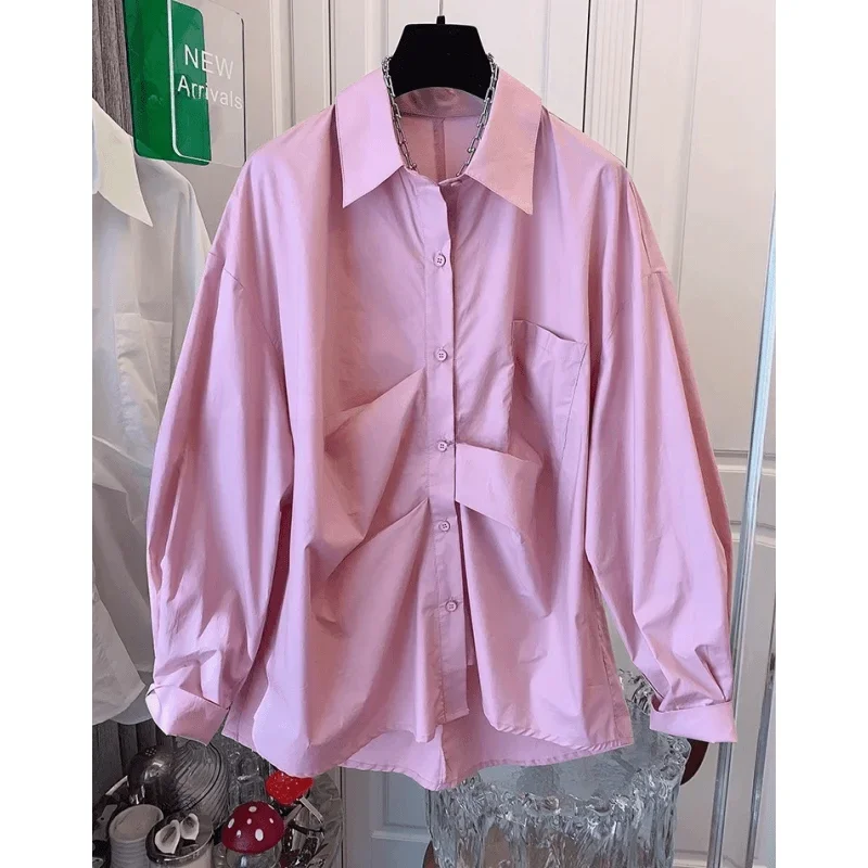 

Autumn Buttons Solid Color Turn-down Collar Women Shirts Simplicity Pleated Irregular Patchwork Long Sleeve Blouse Female Casual