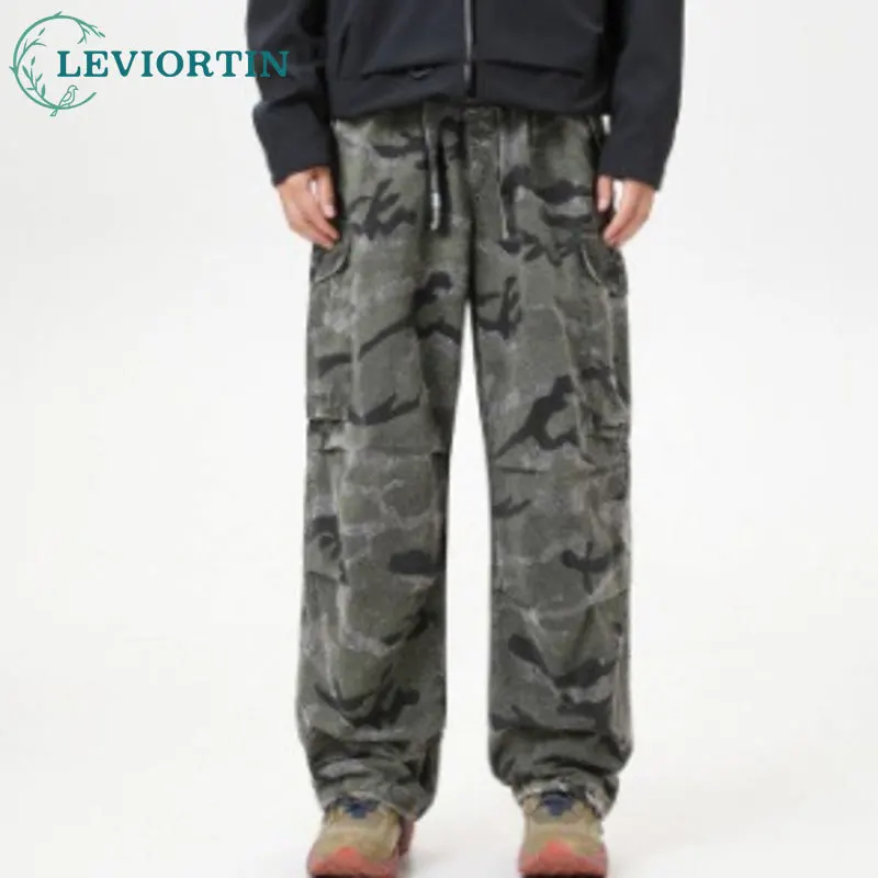 

2025 men's fashion trend straight leg casual pants camouflage multi pocket design workwear youth versatile simple wide leg pants