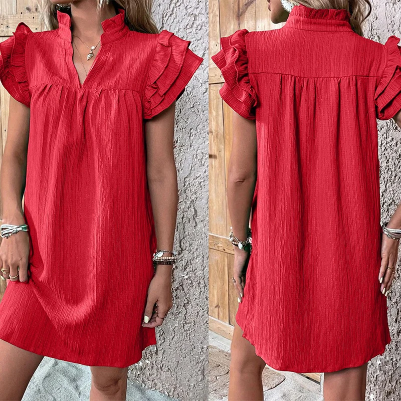 Sólido feminino verão mini vestido moda multi camadas plissado manga com decote em v vestido de verão pulôver verde sólido vestidos curtos