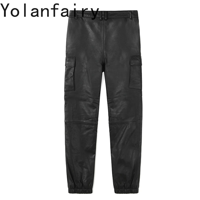 YOLANFAIRY Top Layer Cowhide Trousers for Man Loose Casual Pants Motorcycle Clothing Fashion Black Pants Men Small Foot Pants