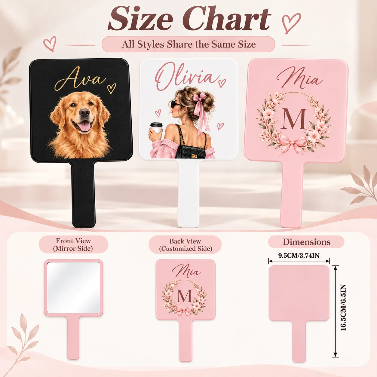 Custom Makeup Mirror Pattern Handheld Plastic Shell with UV Printing Personalized Hand Cosmetic Mirror for Self‑use Bridesmaid
