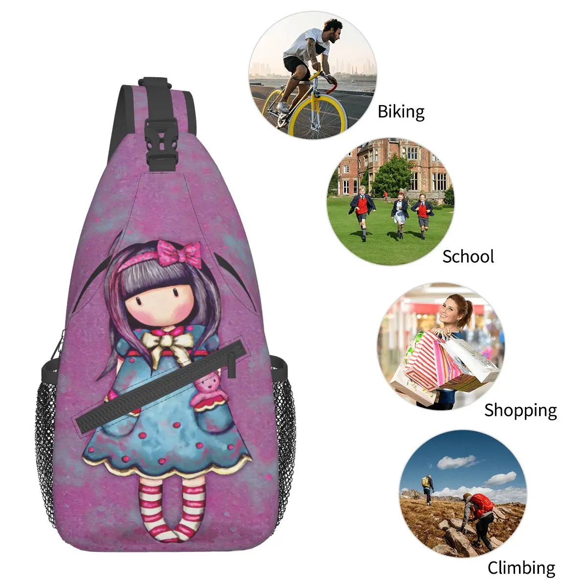 Santoro Gorjuss Doll Crossbody Sling Bag Small Chest Bag Art Cartoon Shoulder Backpack Daypack for Hiking Outdoor Camping Bag