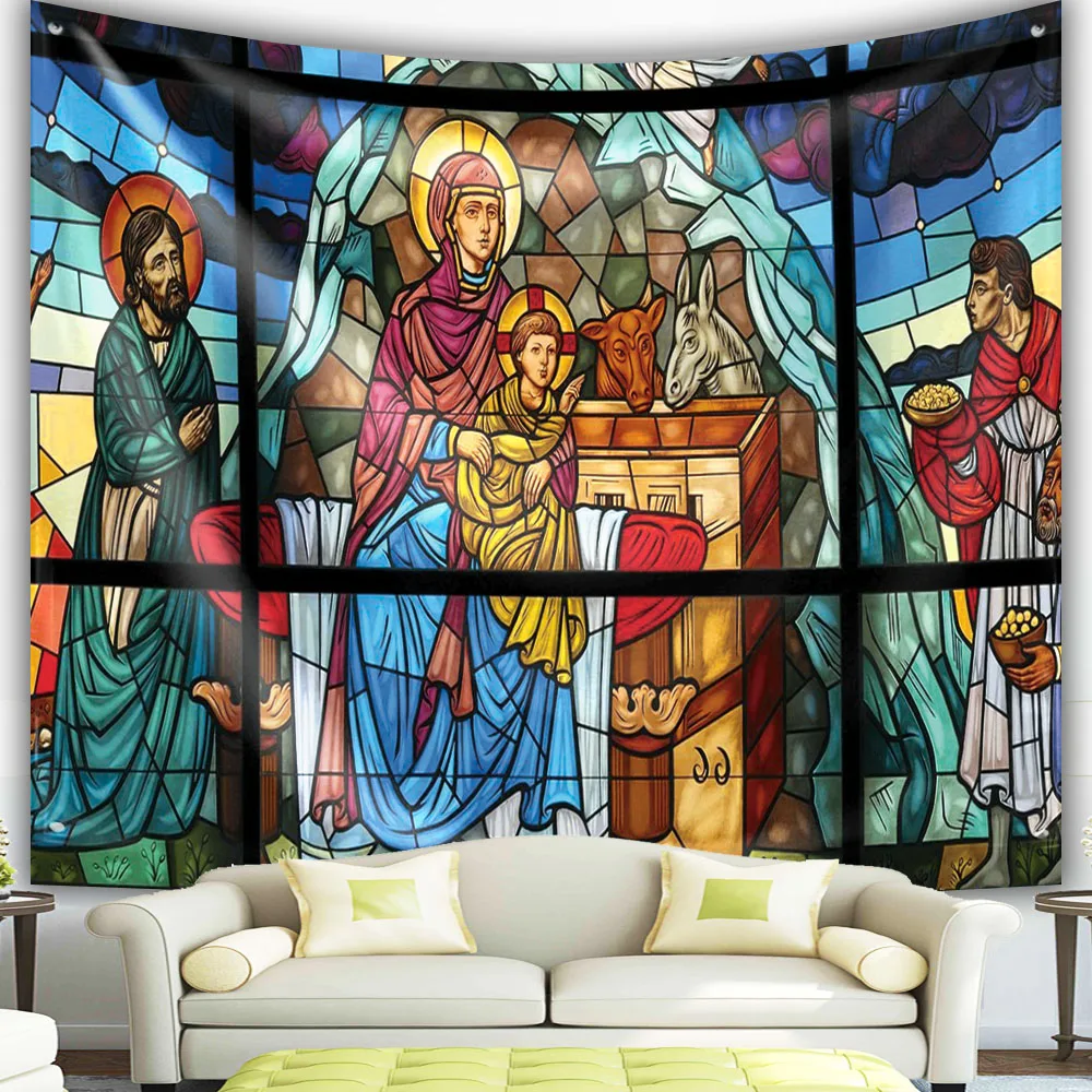 Permadani Yesus Kristus, Kain Poliester Artistik Kristen, Hiasan Dinding, Latar Belakang Permadani Dekorasi Rumah Seni Dinding Adegan Kelahiran