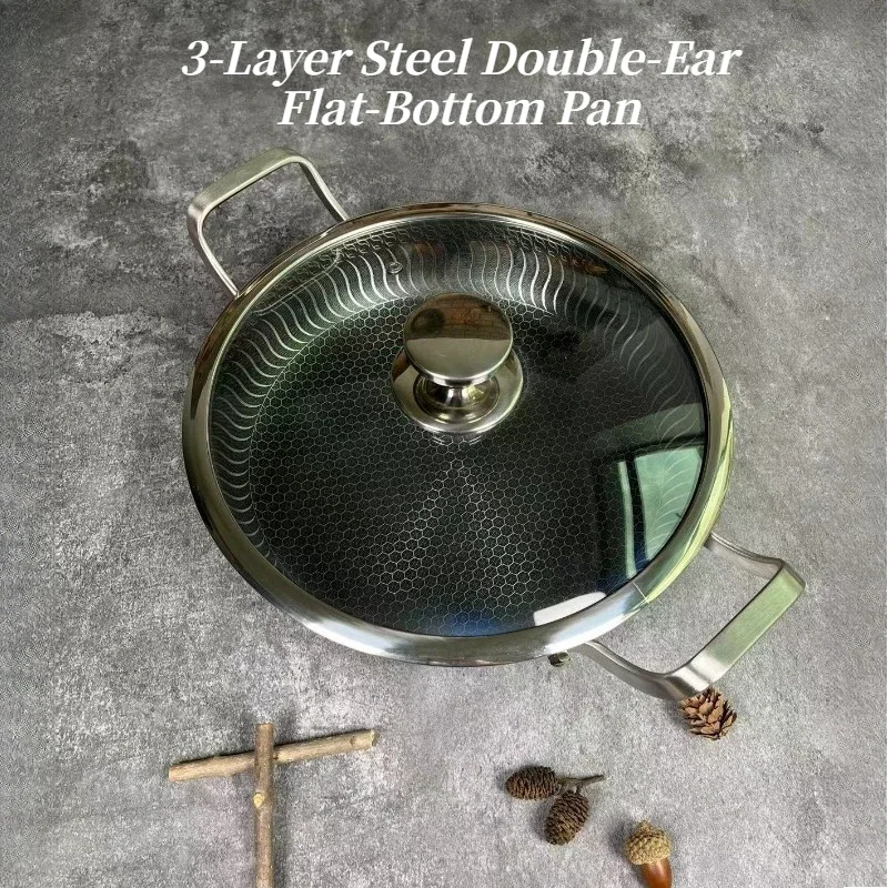 316 Stainless Steel Double Ear Non‑Stick Frying Pan With Lid Griddle for Induction Gas Stove