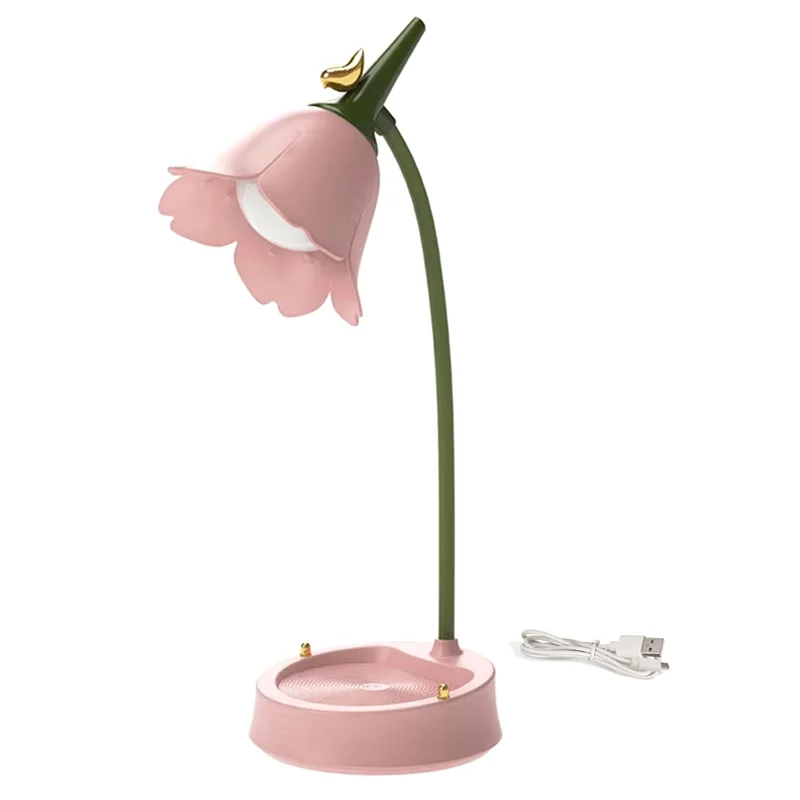 ABWR-ピンクフラワーLEDテーブルランプかわいい調節可能なタッチ充電式バッテリーナイトライト寮読書灯用