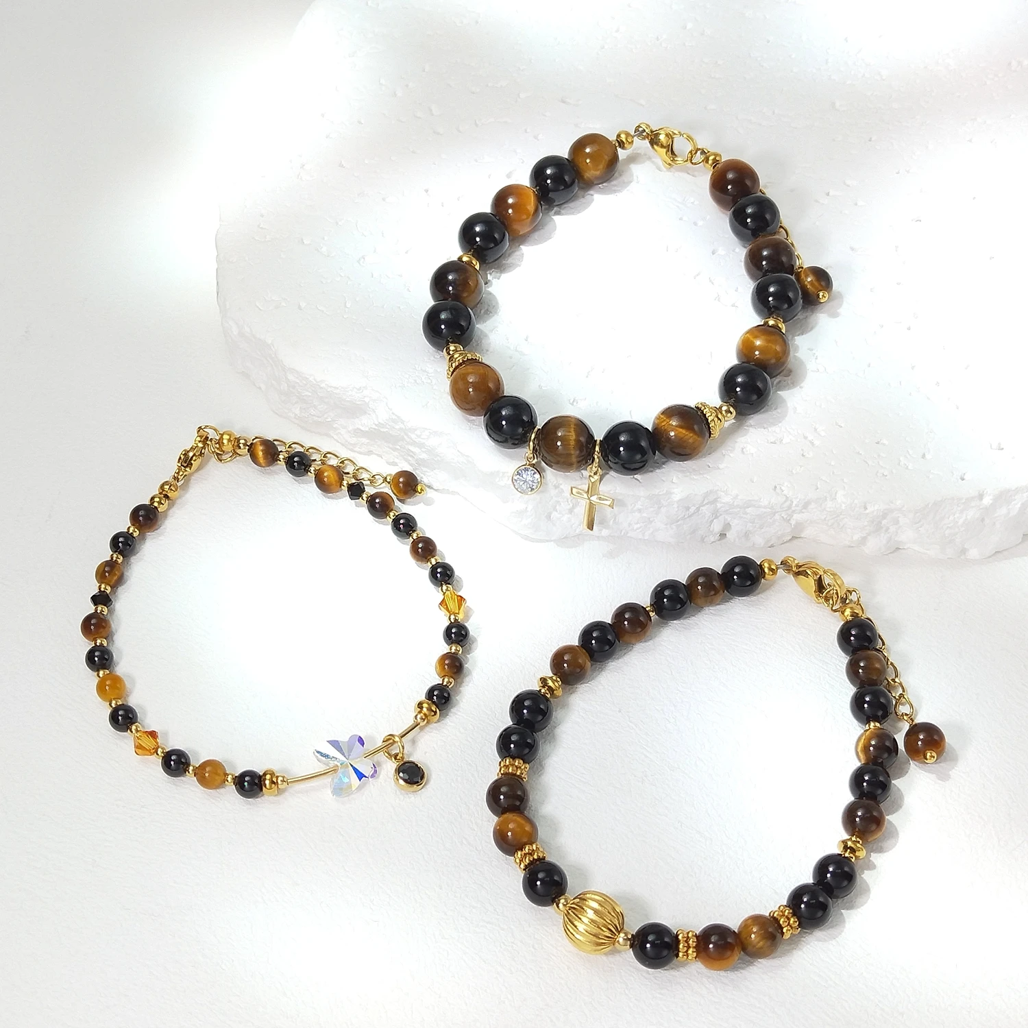 

Lii Ji натуральный камень черный турмалин тигровый глаз 4-8 мм браслет из нержавеющей стали 14 карат с позолотой ювелирные изделия ручной работы для женщин