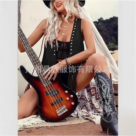 Vests Women Sleeveless Y2k Coats Cardigan Streetwear Tassel High Street Jacket Loose Rivet Slight Strech 2025 Summer Leather