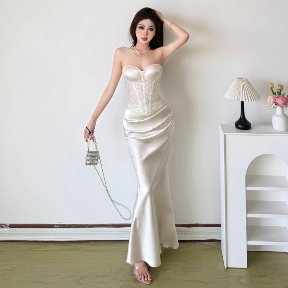 SylCue Sexy Fashion 2 Piece Set Woman Mesh Patchwork Backless Tube Tops+Elastic Waist Smooth Long Skirts Ruched Elegant Suits