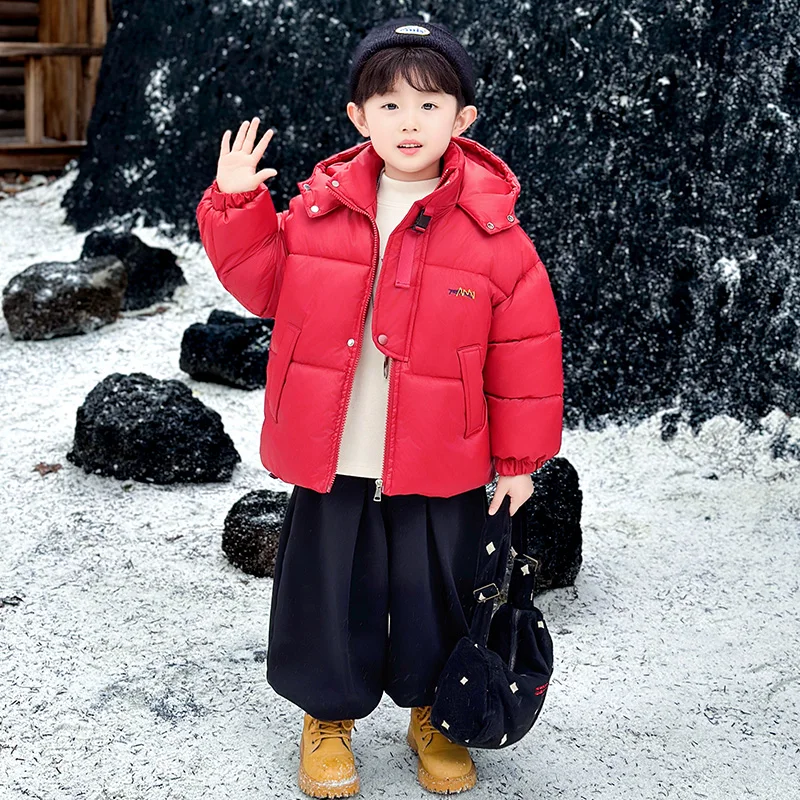 

Boys Winter Thiened Cotton Jaet Festive Red Warm Coat Children's Clothing Stand Fit Long Sve Hooded Zipper Closure