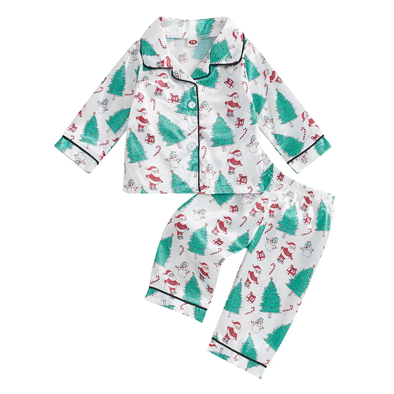 Kids Pajamas Set Christmas Element Print Button Long Sleeves Shirt and Elastic Pants Loungewear Sleepwear