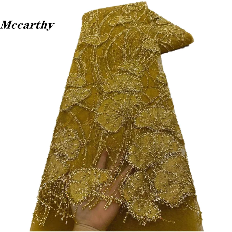 

Luxurious African Groom Sequins Lace Fabric High Quality 2023 Heavy Beads Embroidery French Tulle Lace For Wedding Dress XZ390YY