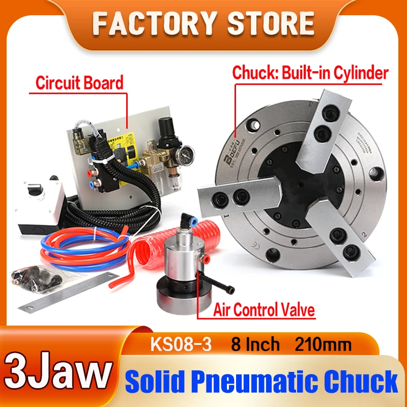 8 inch 210mm 3-jaw Solid Pneumatic Chuck KS08-3 For Air CNC Lathe Machine Tool Rotating Power Chuck Fixture Complete Set
