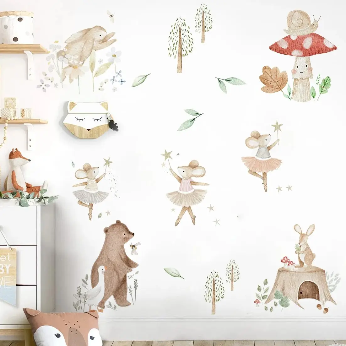 

Dancing Mouse Bunny Bear Mushroom Watercolor Wall Sticker Nursery Child Room Art Vinyl Decal Kids Room Bedroom Living Home Decor