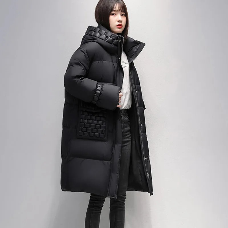 Winter Fashion Warm Black Down Jacket Womens Korean Loose 90% White Duck Down Coat Long Thick Snow Female Hooded Parker Overcoat