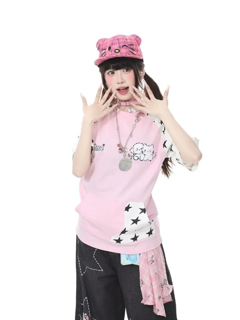 Japanese Adolescent Cute Otaku Girl Subculture Summer New Women Clothing 100% Cotton Five Pointed Star Patchwork Sweet Loose Top