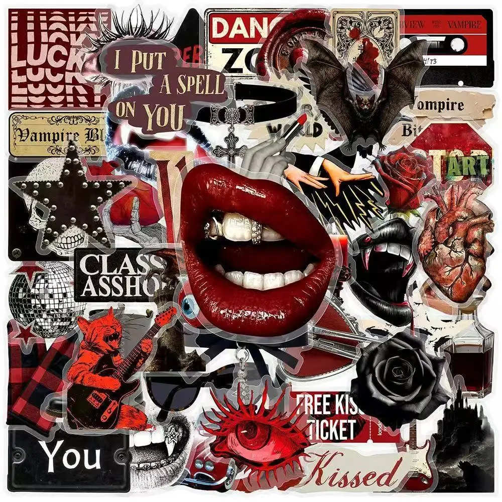 10/30/50Pcs Dark Red‑Black Punk Stickers Niche Subculture Sweet Cool Trinket Decals for Journal DIY Aesthetic Decor