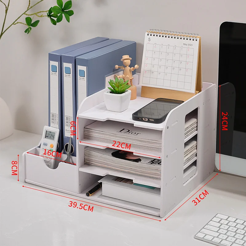 4+2 Compartments Desk File Organizer, White Multi-Tier File Holder with Pen Holder for Office