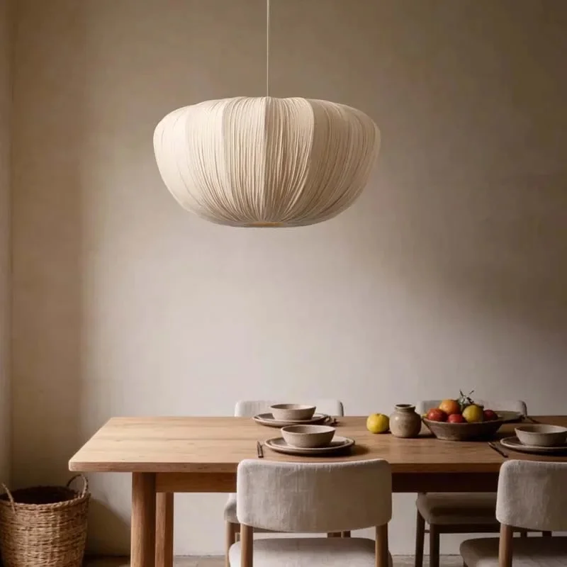 Pleated Fabric Pendant Light Beige Pumpkin Shape Hanging Lamp Nordic Ceiling Light For Dining Room Bedroom Cafe Hotel