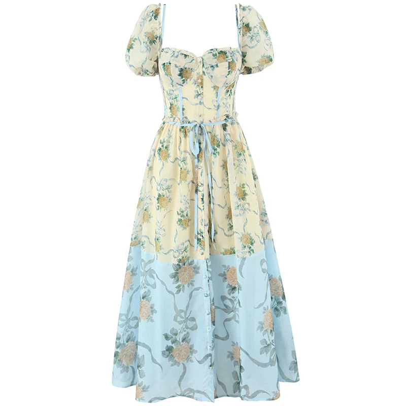 French Sle High Waist Floral Print Dr Women's Long Skirt Square Collar Slimming Design oulder Baring A-Line Summer Dr