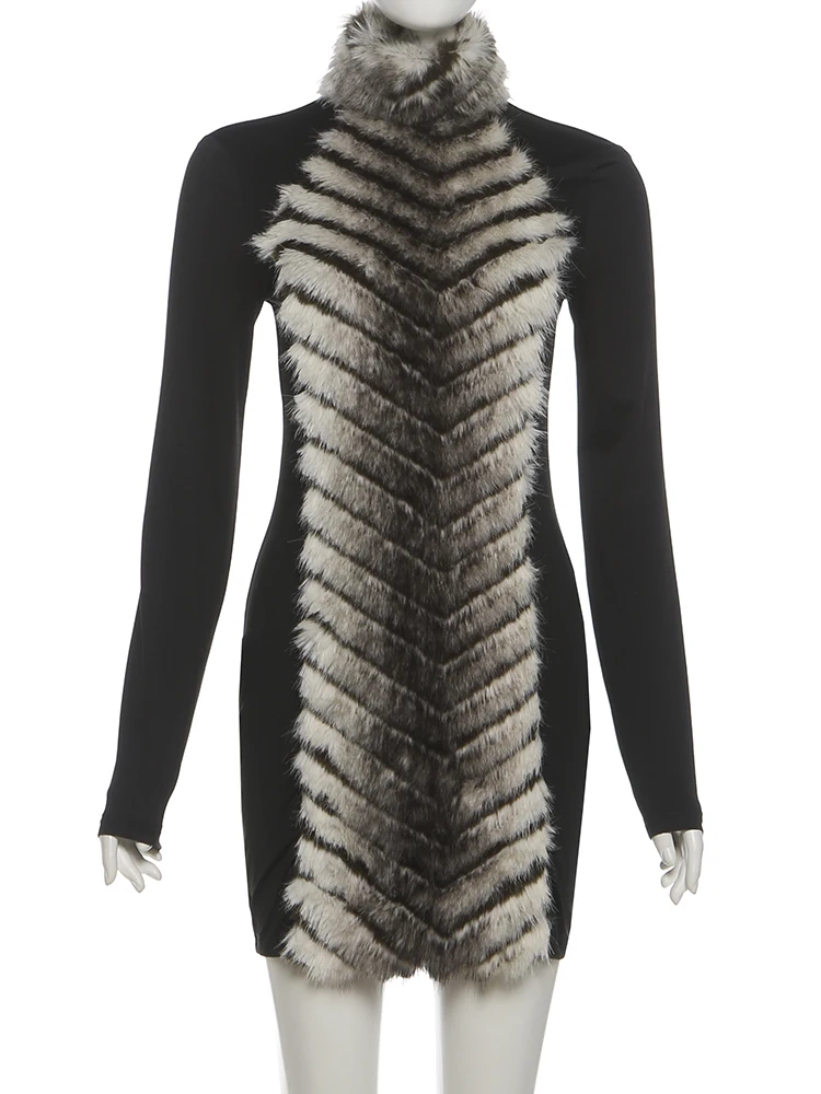 Vestido elegante de tendencia con diseño de gato extraño para mujer, vestido ajustado de piel con cuello alto y manga larga, elástico, de lujo, para fiesta de cumpleaños, graduación y Club