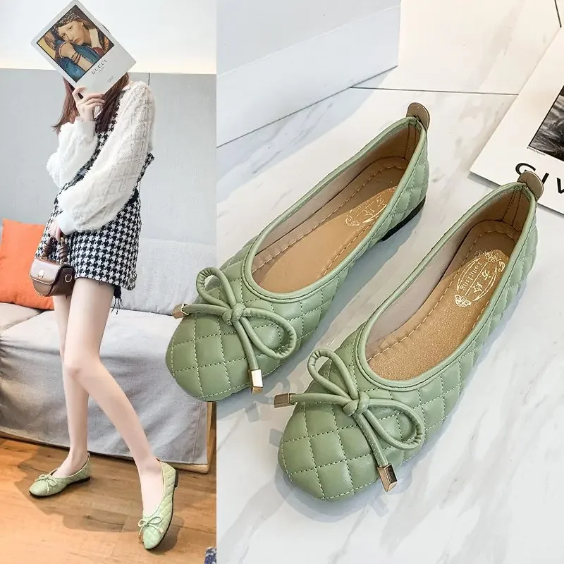 Vrouwen Casual Bootschoenen Stretch Stof Ballet Flats Vlinder-Knoop Ademend Vierkante Teen Slip Op Loafers Ondiepe