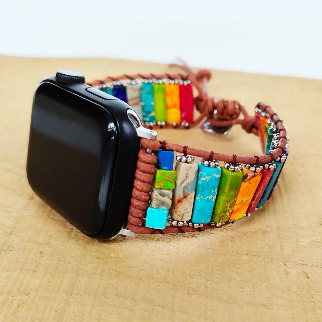 Rainbow Imperial Jasper Watch Strap Chakra Yoga Apple Watch Band Galaxy Sea Sediment Jasper Stone Watchbands Bracelet 38 44mm